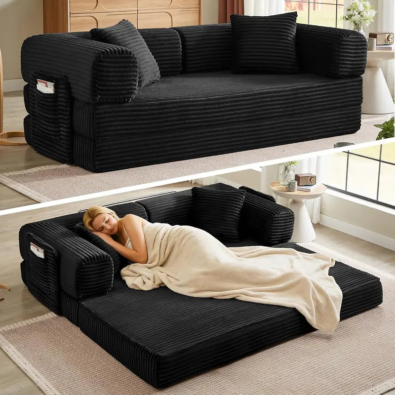 White Boneless Folding Sofa  81″ Corduroy Futon Couch Bed with Fixed-Shape Design for Small Spaces