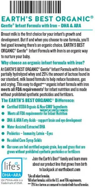 Earth’s Best Organic Gentle Infant Formula with Iron, 21 oz Powder