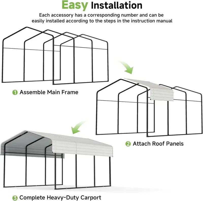 10 ft x 15 ft Reinforced Metal Carport  Weather-Resistant Outdoor Garage or Shade Structure