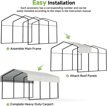 10 ft x 15 ft Reinforced Metal Carport  Weather-Resistant Outdoor Garage or Shade Structure