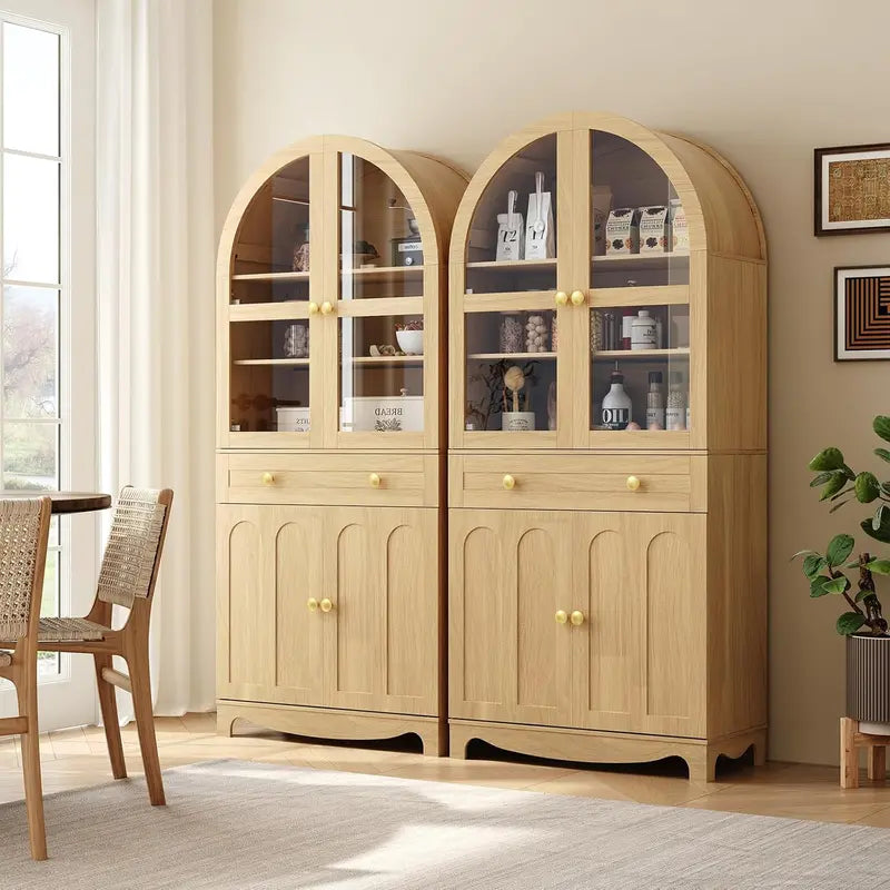 Rustic Arched Kitchen Cabinet  180 cm Tall Glass-Door Pantry with Drawers and Adjustable Interior Shelving