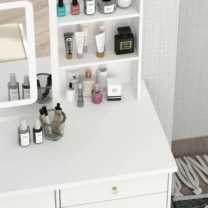 LED Vanity Desk Set  White Makeup Station with Mirror and Stool (39.4″ Wide)