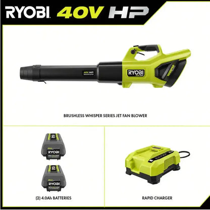 RYOBI 40V HP Whisper Series Jet Fan Blower  190 MPH / 730 CFM, Dual 4.0Ah Batteries + Charger