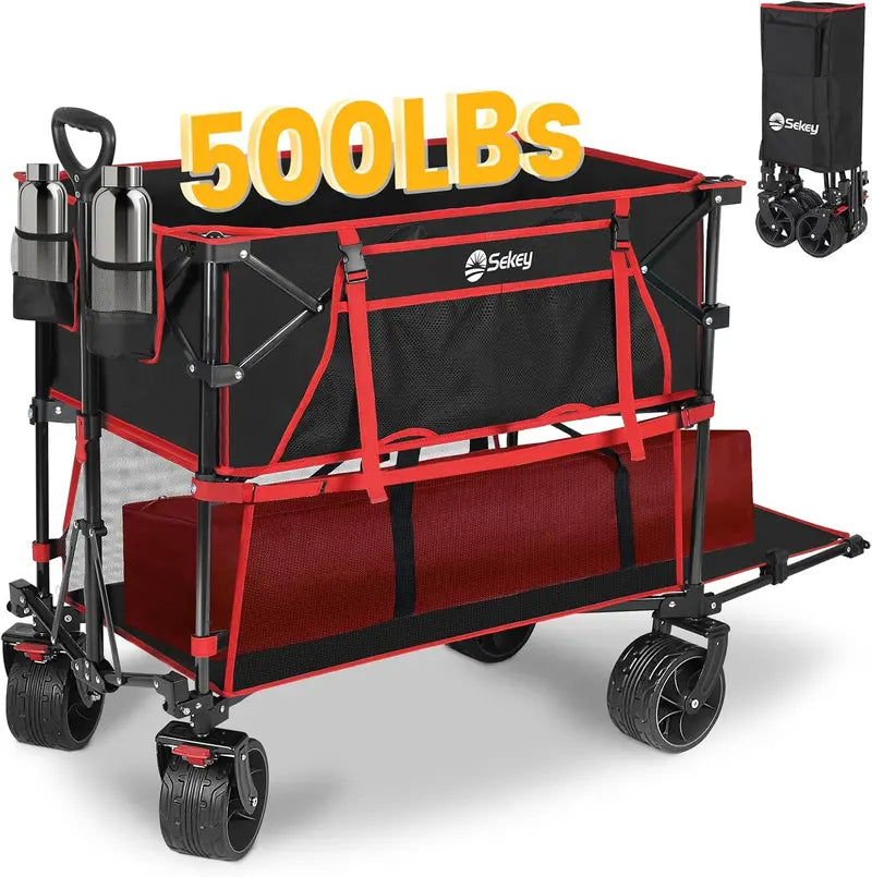 50″ Extended Double-Decker Wagon  Brake-Equipped 500 lb Folding Utility Cart with Extra-Long Frame