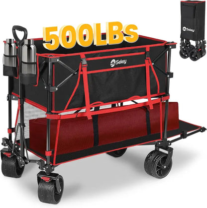 50″ Extended Double-Decker Wagon  Brake-Equipped 500 lb Folding Utility Cart with Extra-Long Frame