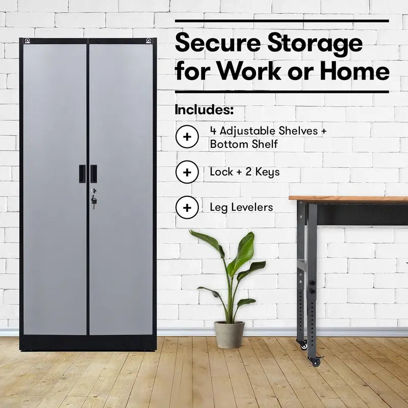 Heavy-Duty Steel Garage Locker  71-Inch Tall Multipurpose Storage Cabinet with Locking Doors & Adjustable Shelving (Black/Silver)
