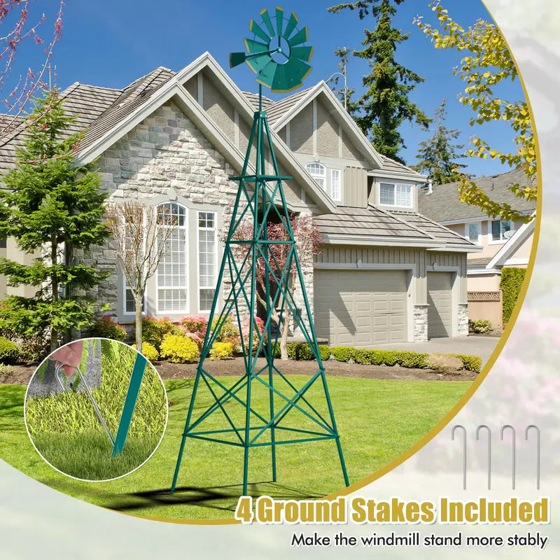 8-Foot All-Weather Ornamental Metal Windmill with Four-Point Base and Weathervane Feature