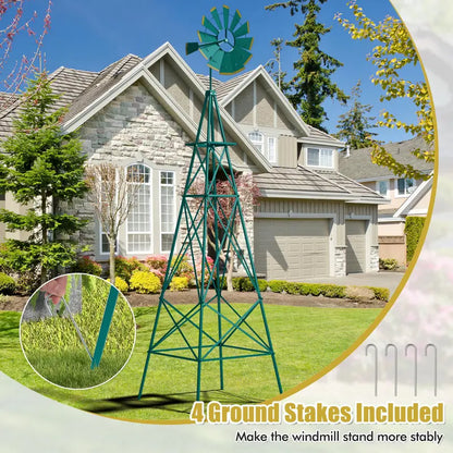 8-Foot All-Weather Ornamental Metal Windmill with Four-Point Base and Weathervane Feature