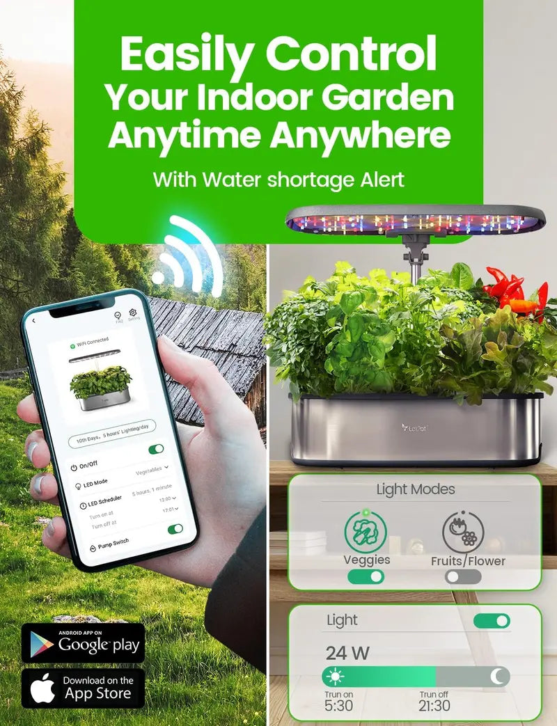 12-Pot Smart Hydroponic Garden  WiFi-Enabled Indoor Herb Kit with 24W LED, 5.5L Tank & Auto-Timer