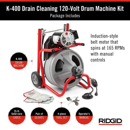 K-400 Drain Auger  120V Electric Snake with 75-Foot Cable, C-32IW Drum Machine & 4-Piece Tool Kit