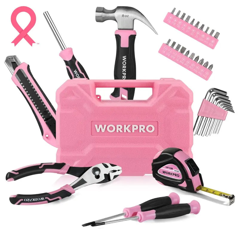 WORKPRO 35-Piece Blue or Pink Household Tool Kit  Includes Storage Toolbox and Pink Ribbon Branding