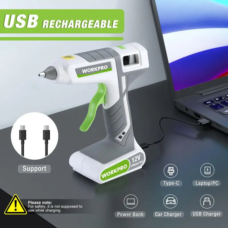 WORKPRO 12V Cordless Hot Melt Glue Gun  Full-Size, Rechargeable Design