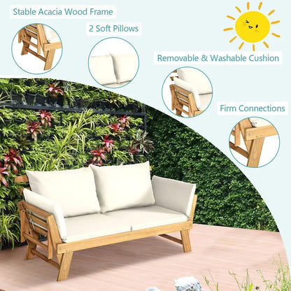 Acacia Wood Outdoor Daybed  Convertible Sofa Bed with Adjustable Armrests & Lounge Function