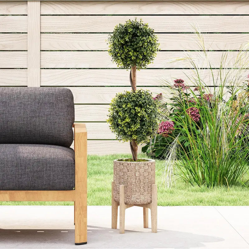 Set of 2 Faux Boxwood Topiary Trees  3-Foot Outdoor-Ready Ball Shrubs in Weighted Cement Pots