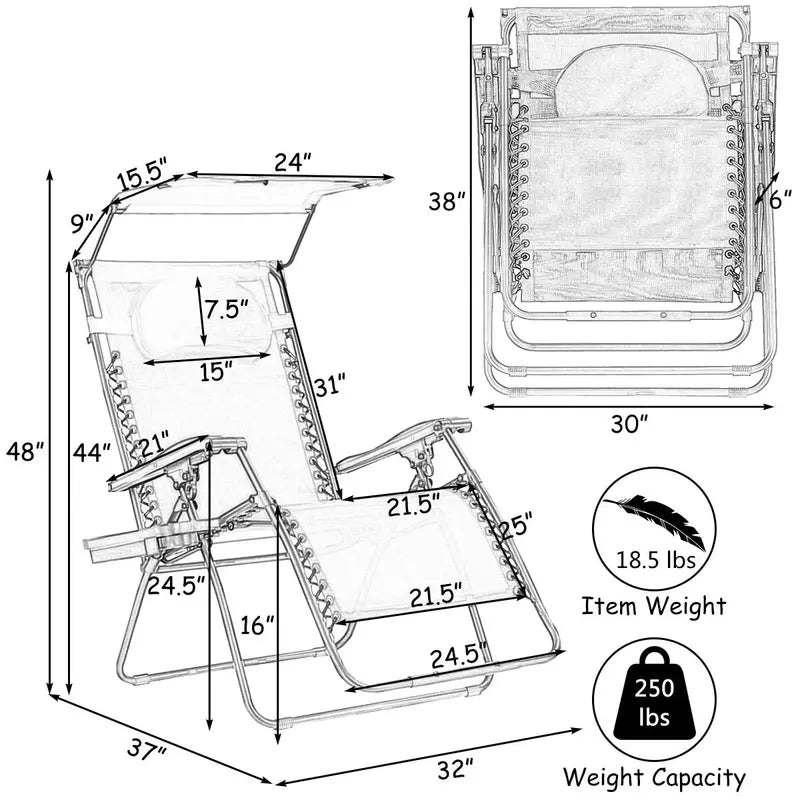 Wide Zero-Gravity Reclining Lounge Chair with Canopy Shade for Outdoor Relaxation