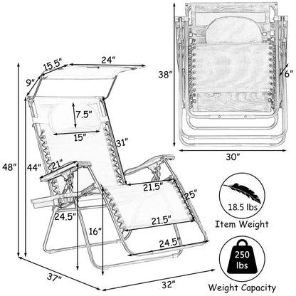 Wide Zero-Gravity Reclining Lounge Chair with Canopy Shade for Outdoor Relaxation