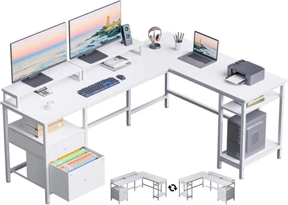 66″ L-Shaped Reversible Gaming Desk  Rustic Brown Home Office Workstation with Power Outlet, File Drawer, Dual Monitor Stands & Storage Shelves