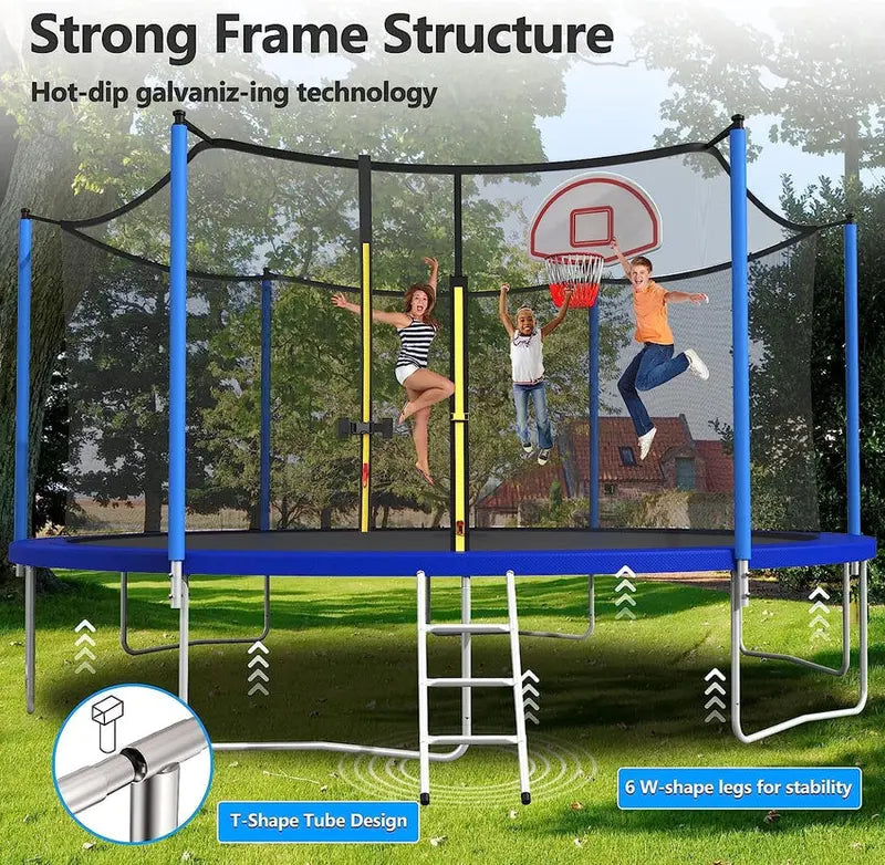 16-Foot Upgraded Trampoline with Enclosure Net and Adjustable Basketball Hoop