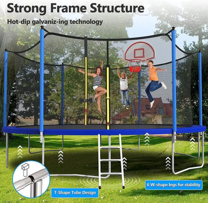 16-Foot Upgraded Trampoline with Enclosure Net and Adjustable Basketball Hoop