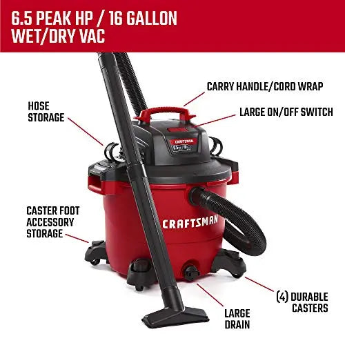 Heavy-Duty 16-Gallon Wet/Dry Vacuum  6.5 HP Industrial-Grade Shop Vac