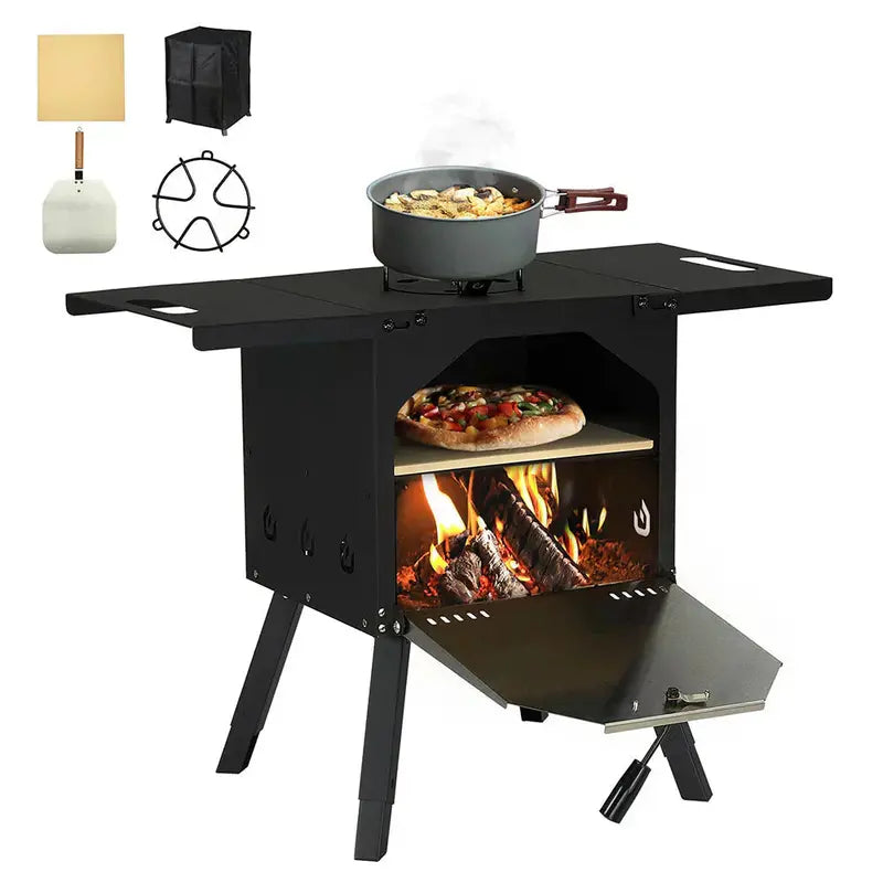 Wood-Fired Outdoor Pizza Oven  Dual-Tier Portable Oven with Warming Rack and Heat-Resistant Pot Holder