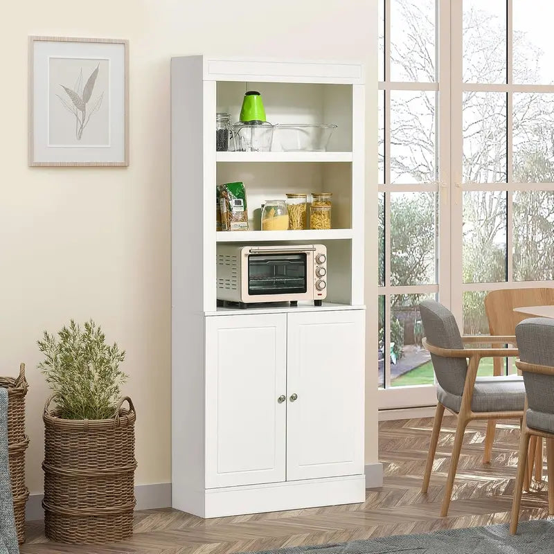 72-Inch Black Wood Grain Pantry Cabinet with Six-Tier Bookcase Hutch, Adjustable Shelves, and Door-Enclosed Storage