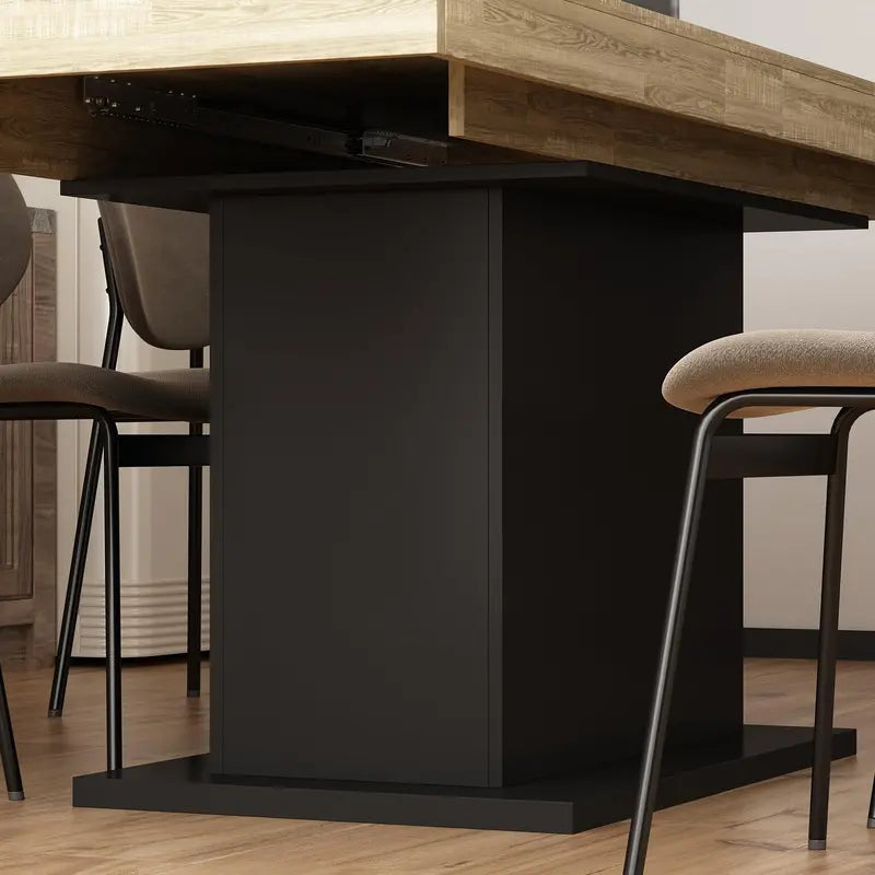 Extendable Oak-and-Black Dining Table  63″ to 78.7″ Rectangular Table with Metal Legs for 68 Guests