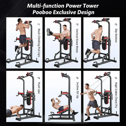 Pooboo Power Tower with Dip Station, Pull-Up Bar & Adjustable Supine Board  Home Gym Station