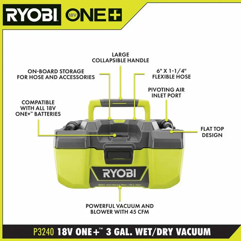 RYOBI ONE+ 18V 3 Gal. Project Wet/Dry Vacuum with Accessory Storage (Tool Only) P3240
