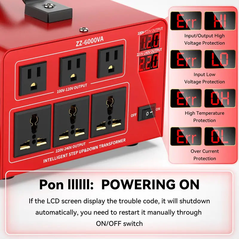 6000W Heavy-Duty Voltage Converter  Step-Up/Step-Down Transformer (110V↔220V), LCD Screen, Circuit Protection, 3 US + 3 Universal Outlets