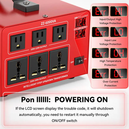 6000W Heavy-Duty Voltage Converter  Step-Up/Step-Down Transformer (110V↔220V), LCD Screen, Circuit Protection, 3 US + 3 Universal Outlets