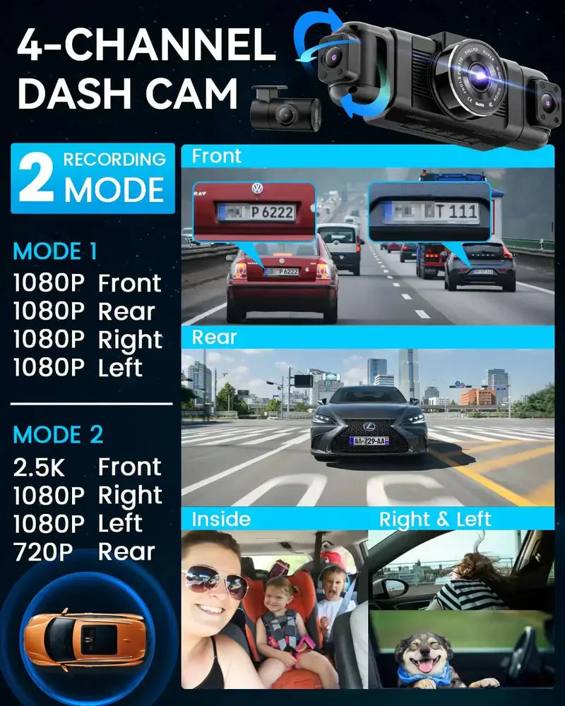 Channel 360° Surround View Dash Cam  1080P Front/Rear + Interior Left/Right Camera System