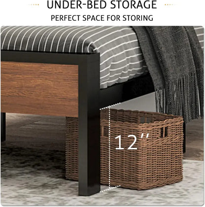 SHA CERLIN Queen Metal Platform Bed  14-Inch Frame with Wooden Headboard &amp; Footboard
