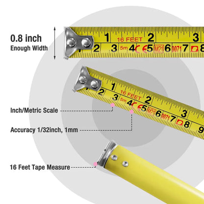 WORKPRO 16-Foot Tape Measure — Thumb Lock, Belt Clip, Dual Inch/Metric Scale, ±1mm Accuracy