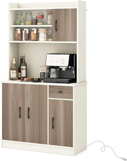 71-Inch Modern Pantry Hutch  Freestanding Tall Cabinet with Charging Station, Microwave Stand & Adjustable Shelving (White)
