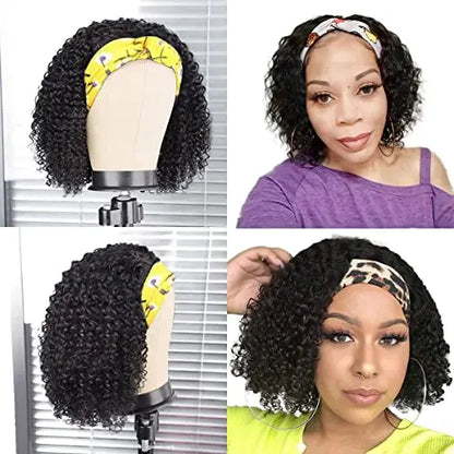 Aiterina 12″ Deep Wave Curly Human Hair Headband Wig  Glueless, Machine-Made, Natural Color