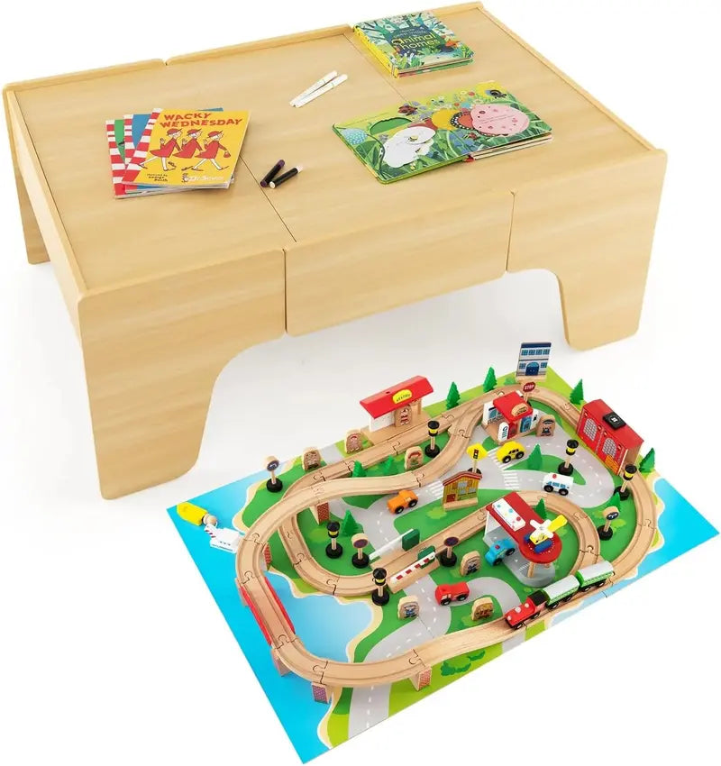 Wooden Dual-Activity Kids’ Table with Flip-Up Top & Built-In Storage  100-Piece Train Set Featuring Tracks, Cars, and Accessories for Ages 3+