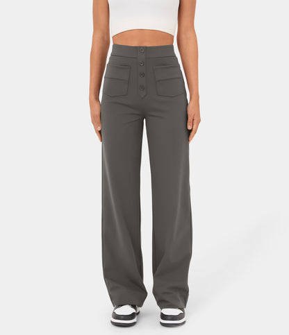 Pantalon Droit Taille Haute à Boutons
