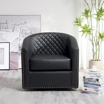 KINWELL Swivel Barrel Chair  29″ Wide Tufted PU Leather Accent Seating with 360° Rotation