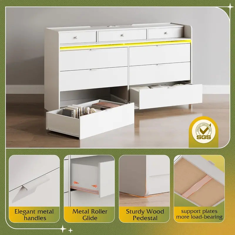 9-Drawer LED TV Dresser  58.35-Inch Wood Dresser with Power Outlets, Open Shelving & Bedroom Storage