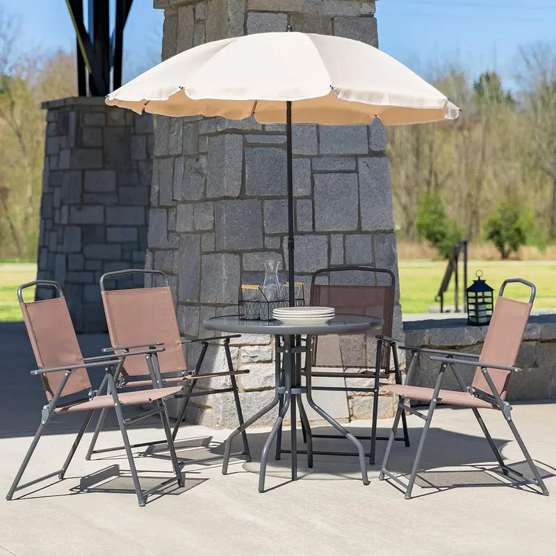 EMMA + OLIVER 6-Piece Brown Garden Patio Set  Includes Umbrella Table and Four Folding Chairs