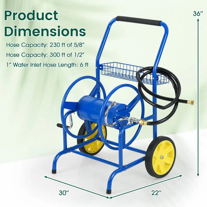 Heavy-Duty Metal Hose Cart  Dual-Wheel Design with Basket, Holds Up to 230 ft of 5/8″ Hose