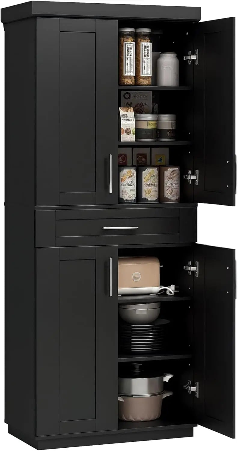 72-Inch Freestanding Grey Kitchen Pantry Cabinet with 4 Doors, Drawer, and 3 Adjustable Shelves