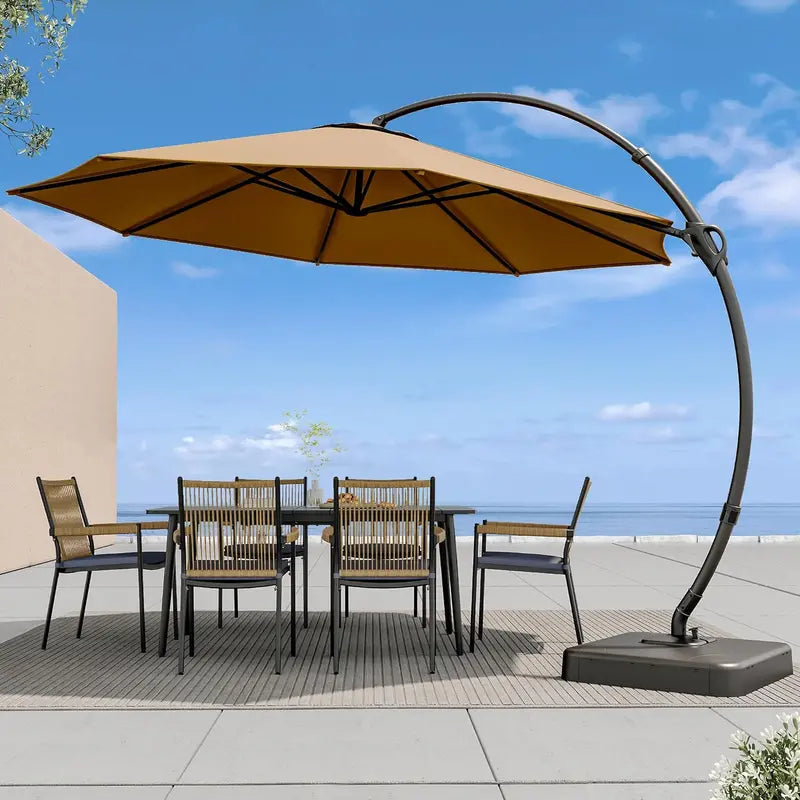 LAUSAINT HOME 11-Foot Cantilever Umbrella — Curvy Offset Design with 360° Rotation, Base Included, Beige Finish