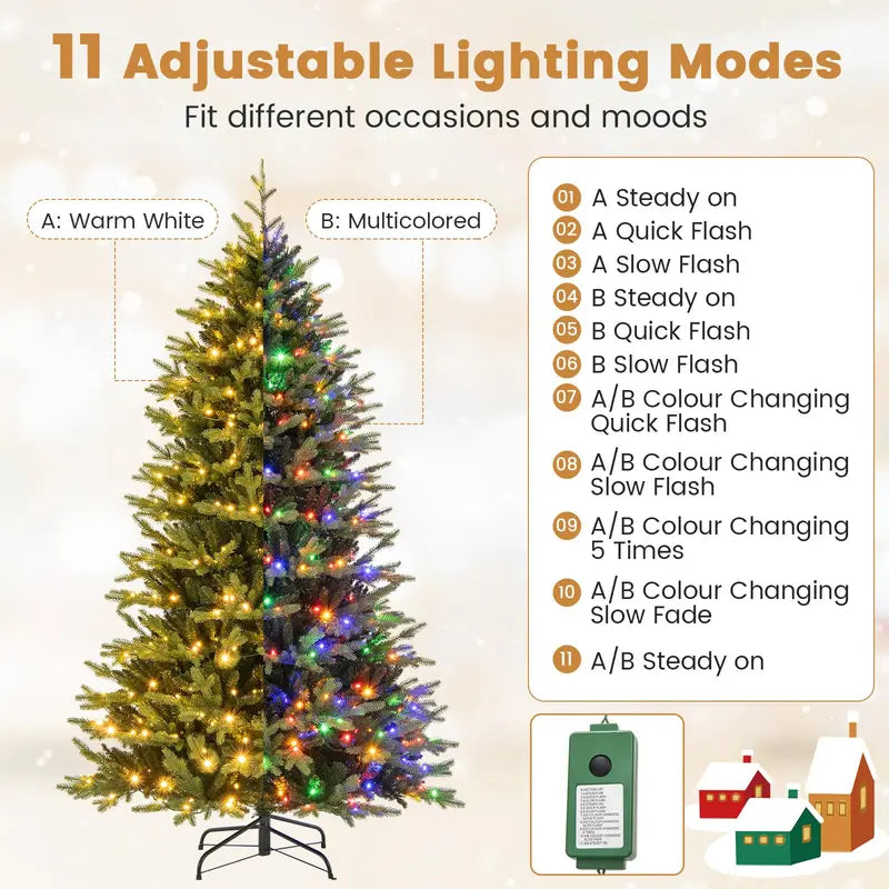 Full-Bodied 7-Foot Hinged Artificial Christmas Tree with 470 Warm White & Multi-LED Lights