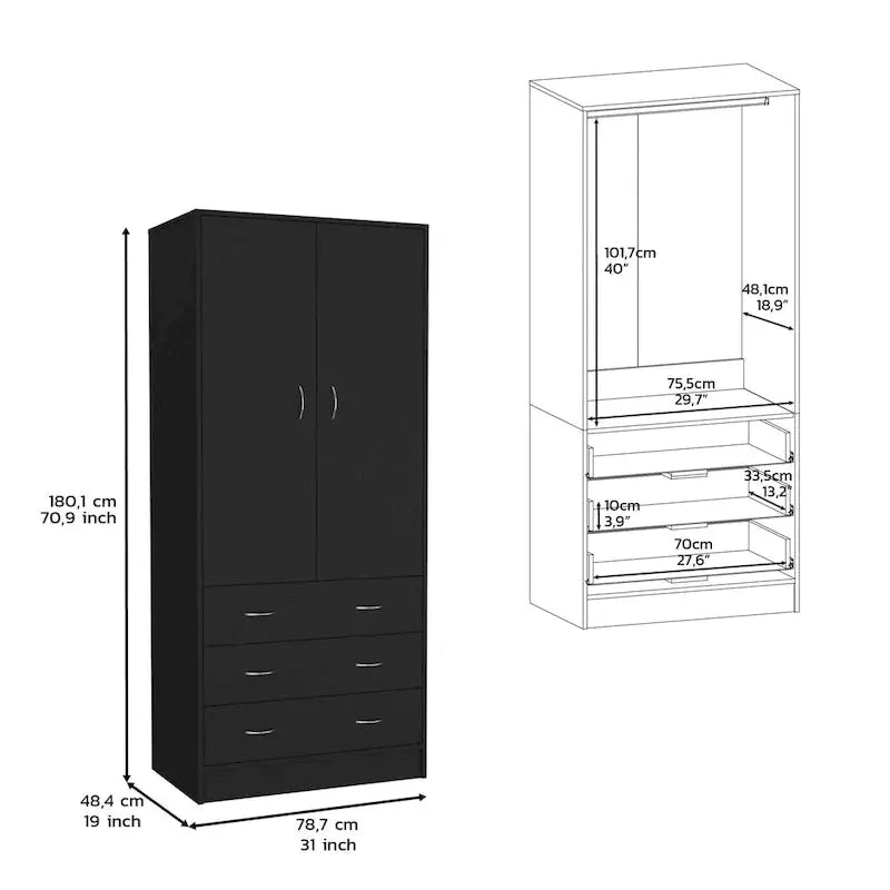 Modern Double-Door Armoire  19-Inch Wide Wardrobe Cabinet with Hanging Rod and Three Drawers
