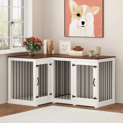 Large L-Shaped Corner Dog Crate Furniture  Dual-Dog Enclosure with Hidden Storage Design (58.7″ x 41.1″)