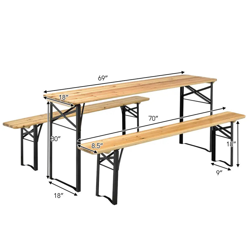 Three-Piece Folding Picnic Table and Bench Set with Wooden Top (70″ Total)