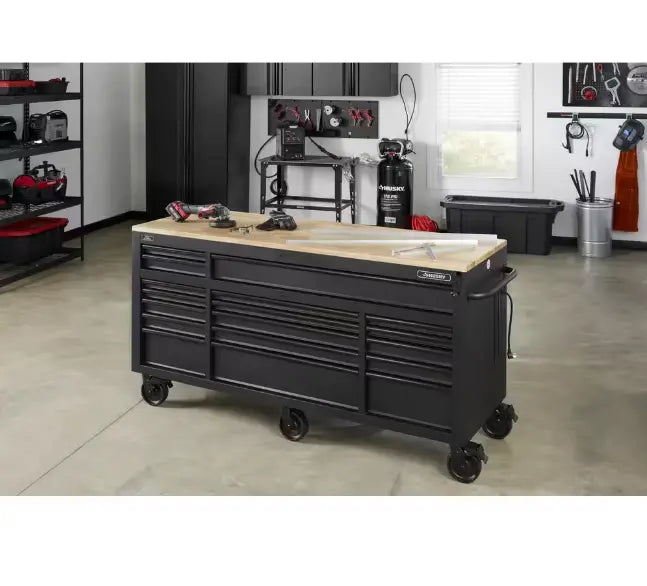 72-Inch Gloss Black Mobile Workbench  Standard-Duty Tool Chest with Casters and Organized Storage