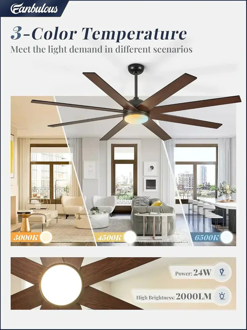 8-Blade 65-Inch Indoor/Outdoor Ceiling Fan  Quiet Operation & Wide-Area Airflow